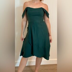 Off shoulder dress. Bottle green. I made this dress myself, tailored to me.